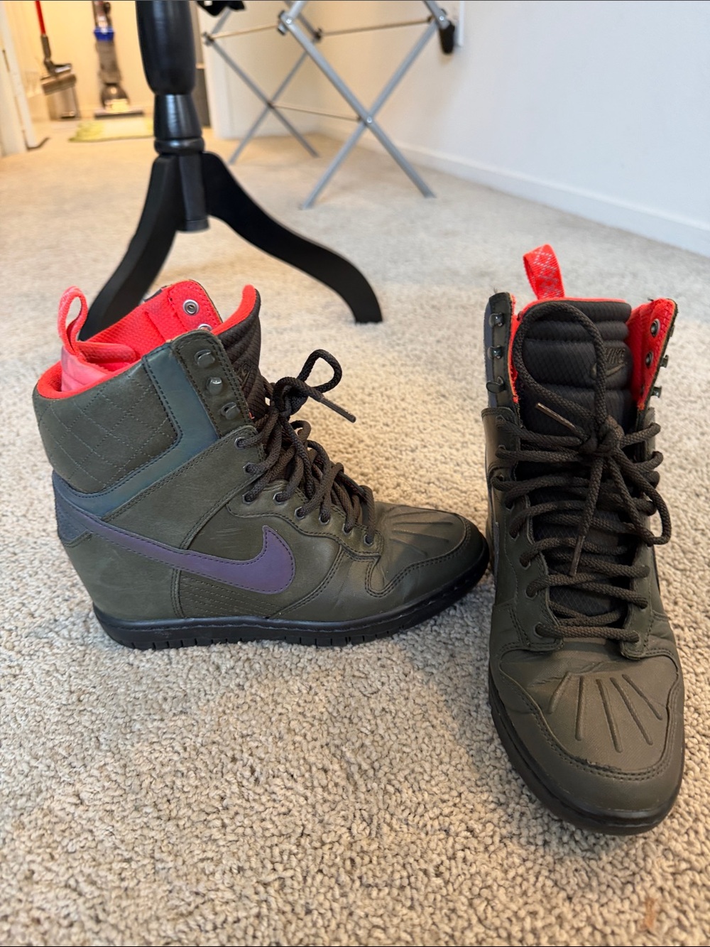 RARE Nike hidden heel Olive Green High-Top Sneakers with iridescent swoosh